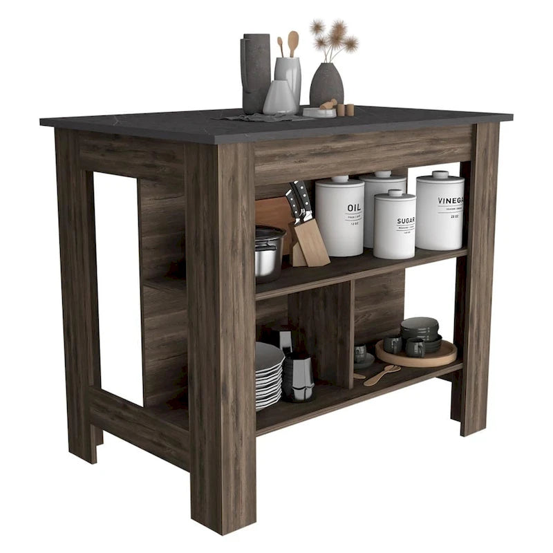 Îlot de cuisine en brun foncé et onyx avec trois étagères de rangement – 27,5 X 40,50 X 27,50