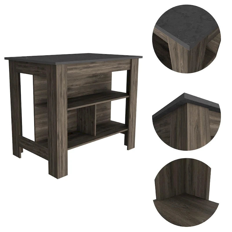 Îlot de cuisine en brun foncé et onyx avec trois étagères de rangement – 27,5 X 40,50 X 27,50