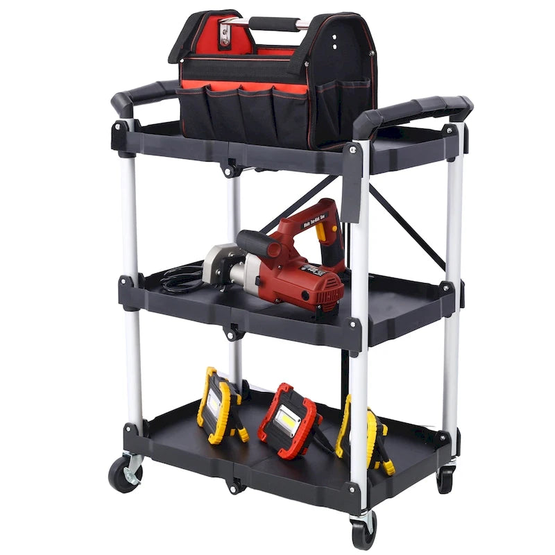 Chariot de service pliable à 3 niveaux, capacité de charge de 22,7 kg par étagère - 65x39x83 cm (LxlxH)