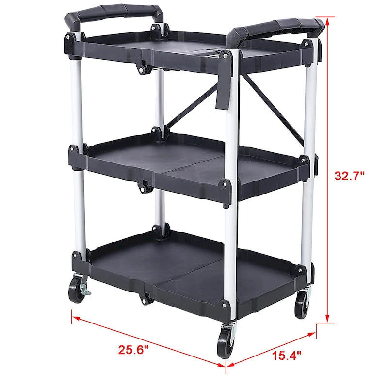 Chariot de service pliable à 3 niveaux, capacité de charge de 22,7 kg par étagère - 65x39x83 cm (LxlxH)
