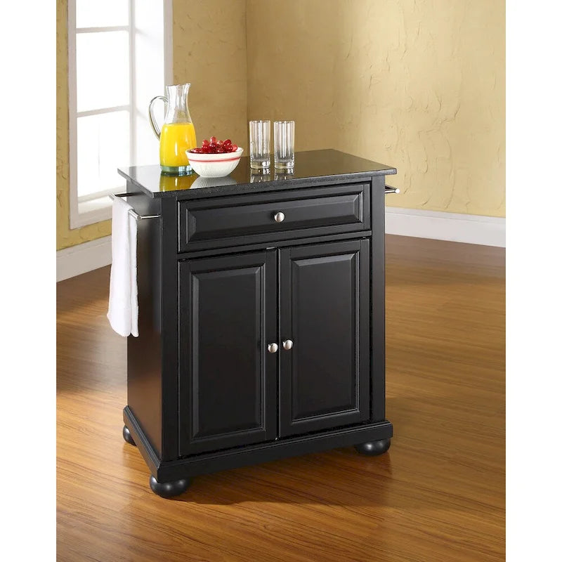 Îlot de cuisine portable en granit noir massif, finition noire - 18p x 31l x 33,5h