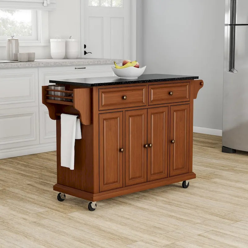 Crosley Full Size Solid Black Granite Top Classic Cherry Finish Kitchen Cart - 18d x 51.5w x 36h