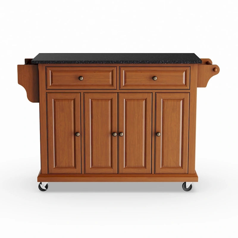 Desserte de cuisine classique en merisier avec plateau en granit noir massif grand format – 45,7 P x 130,8 L x 91,4 H cm