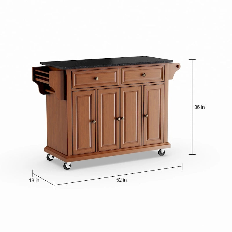 Desserte de cuisine classique en merisier avec plateau en granit noir massif grand format – 45,7 P x 130,8 L x 91,4 H cm