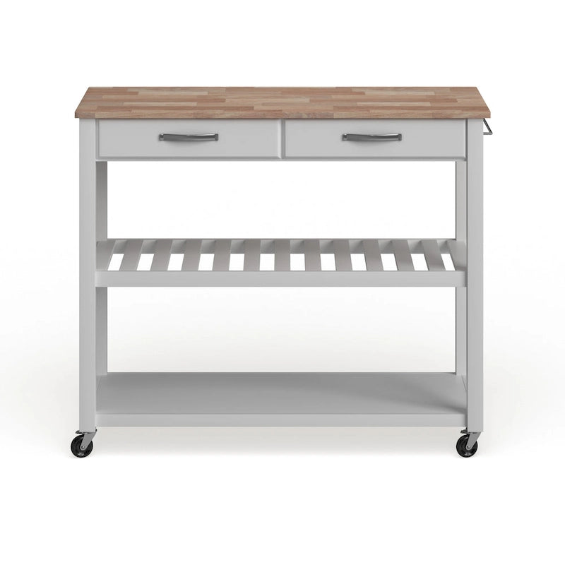 Chariot/Îlot de cuisine en bois naturel avec rangement optionnel pour tabouret, finition blanche - 17p x 43L x 35H