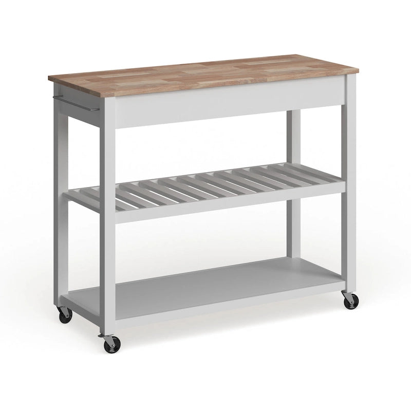 Chariot/Îlot de cuisine en bois naturel avec rangement optionnel pour tabouret, finition blanche - 17p x 43L x 35H