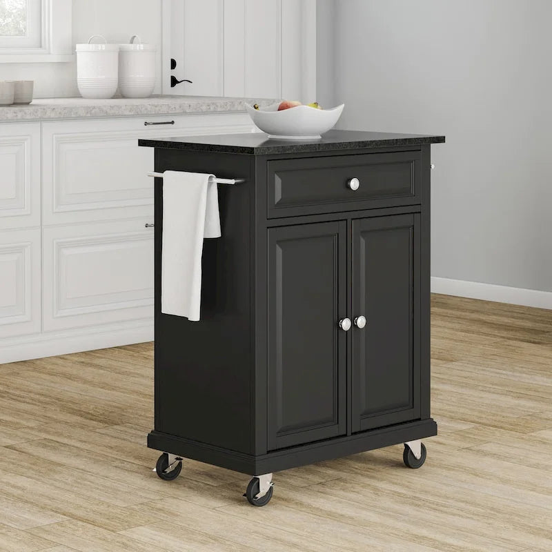 Crosley Compact Solid Black Granite Top Portable Kitchen Cart/ Island in Black Finish - 18d x 31w x 35.5h