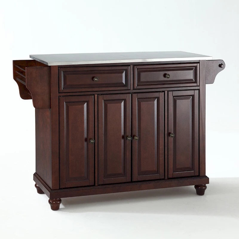 Îlot de cuisine avec plateau en acier inoxydable et finition acajou vintage - 18p x 51,5L x 34H