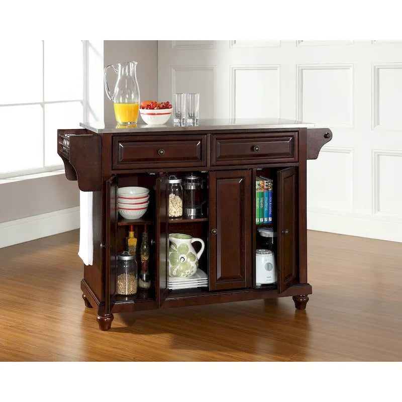 Îlot de cuisine avec plateau en acier inoxydable et finition acajou vintage - 18p x 51,5L x 34H