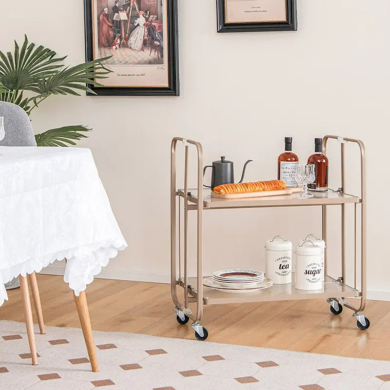 Chariot de service mobile à 2 niveaux avec étagère en verre trempé, doré – 26 x 16 x 28,5