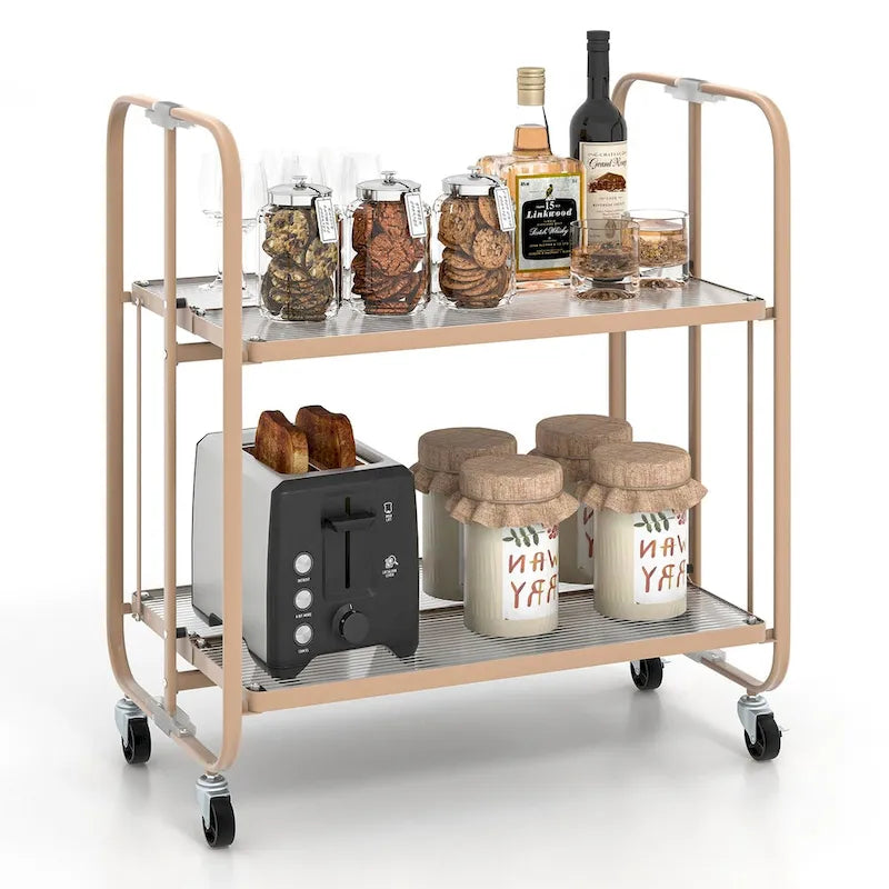 Chariot de service mobile à 2 niveaux avec étagère en verre trempé, doré – 26 x 16 x 28,5