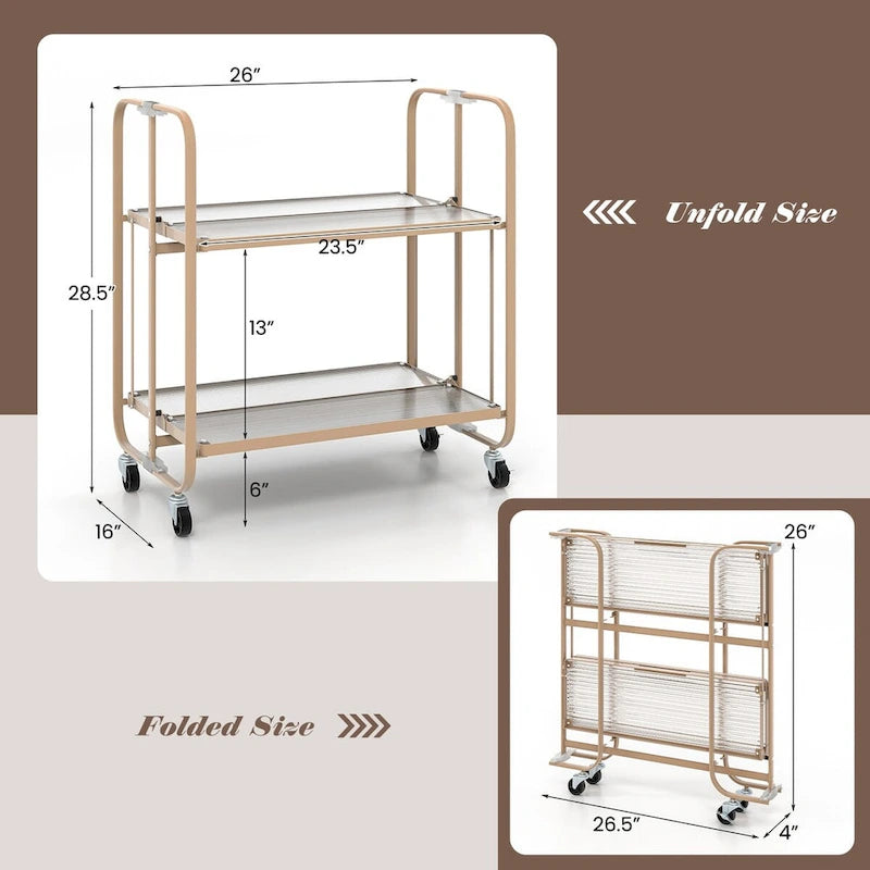 Chariot de service mobile à 2 niveaux avec étagère en verre trempé, doré – 26 x 16 x 28,5