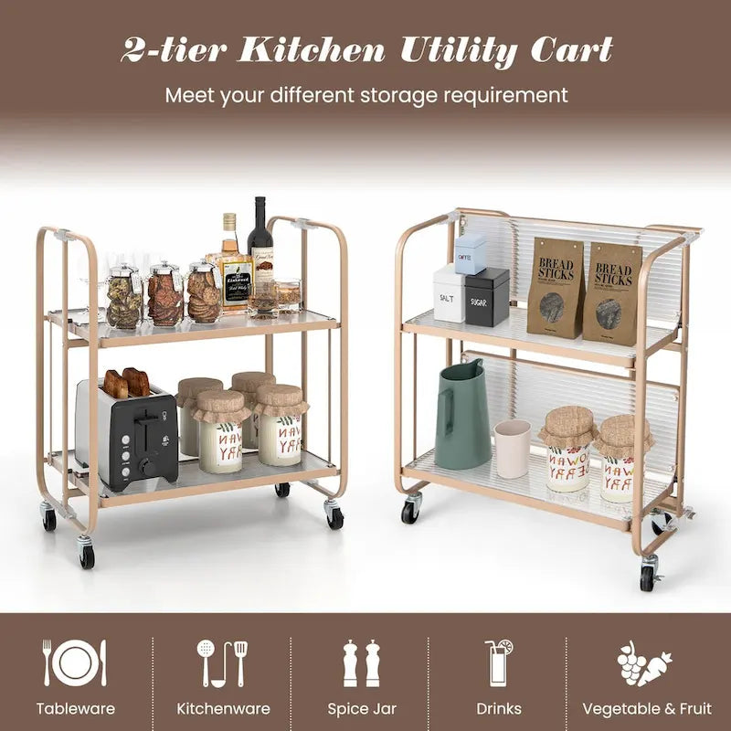 Chariot de service mobile à 2 niveaux avec étagère en verre trempé, doré – 26 x 16 x 28,5