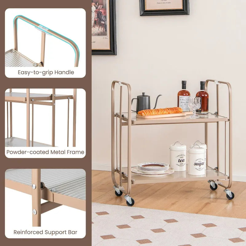Chariot de service mobile à 2 niveaux avec étagère en verre trempé, doré – 26 x 16 x 28,5