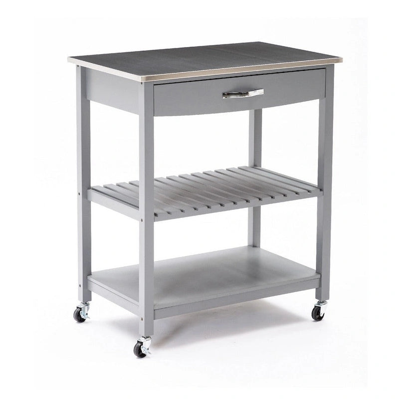 Chariot de cuisine îlot à 2 niveaux de 38 pouces, étagère, plateau en acier, roulettes verrouillables, gris – 19L x 30,5W x 35,75H