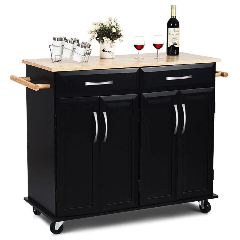 Meuble de rangement pour îlot de cuisine noir avec plateau en bois et roulettes - 48,5 x 18,5 x 36,5 (L x l x H)