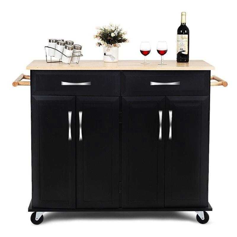 Meuble de rangement pour îlot de cuisine noir avec plateau en bois et roulettes - 48,5 x 18,5 x 36,5 (L x l x H)