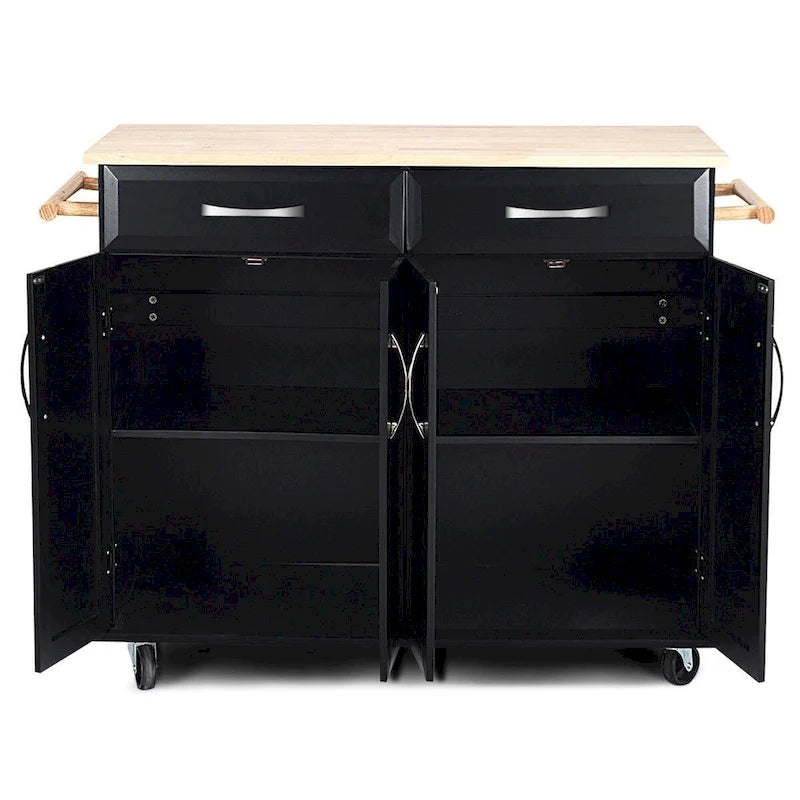 Meuble de rangement pour îlot de cuisine noir avec plateau en bois et roulettes - 48,5 x 18,5 x 36,5 (L x l x H)