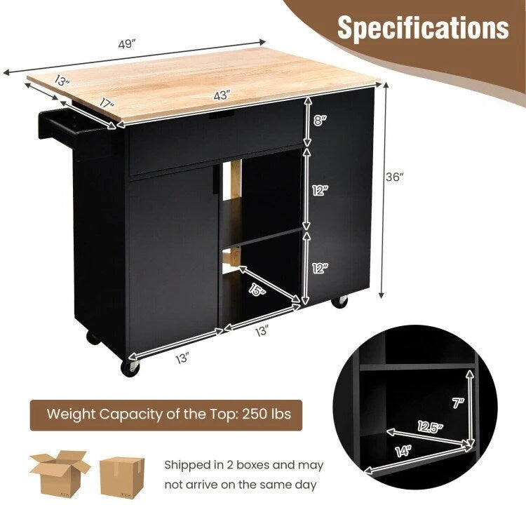 Îlot de cuisine abattant avec plateau en bois d'hévéa – 49 x 30 x 36 (L x l x H)