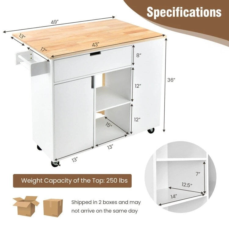 Îlot de cuisine abattant avec plateau en bois d'hévéa – 49 x 30 x 36 (L x l x H)