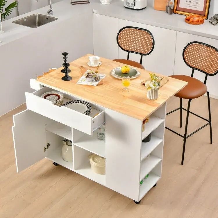 Îlot de cuisine abattant avec plateau en bois d'hévéa – 49 x 30 x 36 (L x l x H)