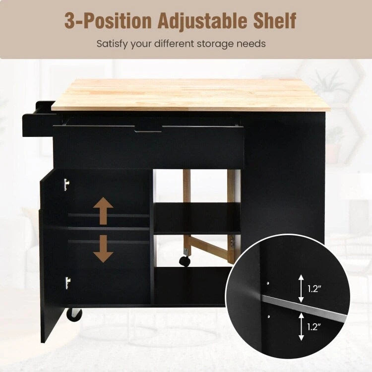 Îlot de cuisine abattant avec plateau en bois d'hévéa – 49 x 30 x 36 (L x l x H)