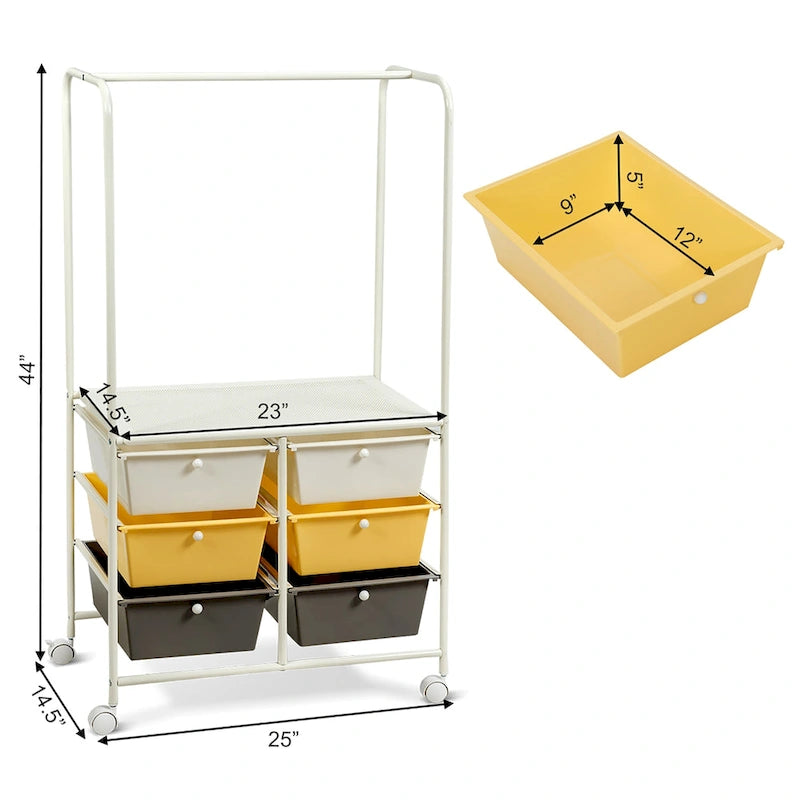 Chariot de rangement à roulettes 6 tiroirs avec barre de suspension Bureau École - 25 x 14,5 x 44