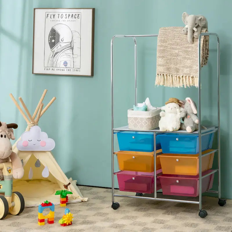 Chariot de rangement à roulettes 6 tiroirs avec barre de suspension Bureau École - 25 x 14,5 x 44