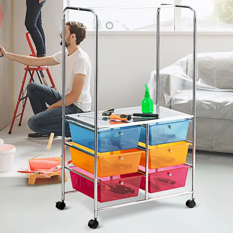 Chariot de rangement à roulettes 6 tiroirs avec barre de suspension Bureau École - 25 x 14,5 x 44