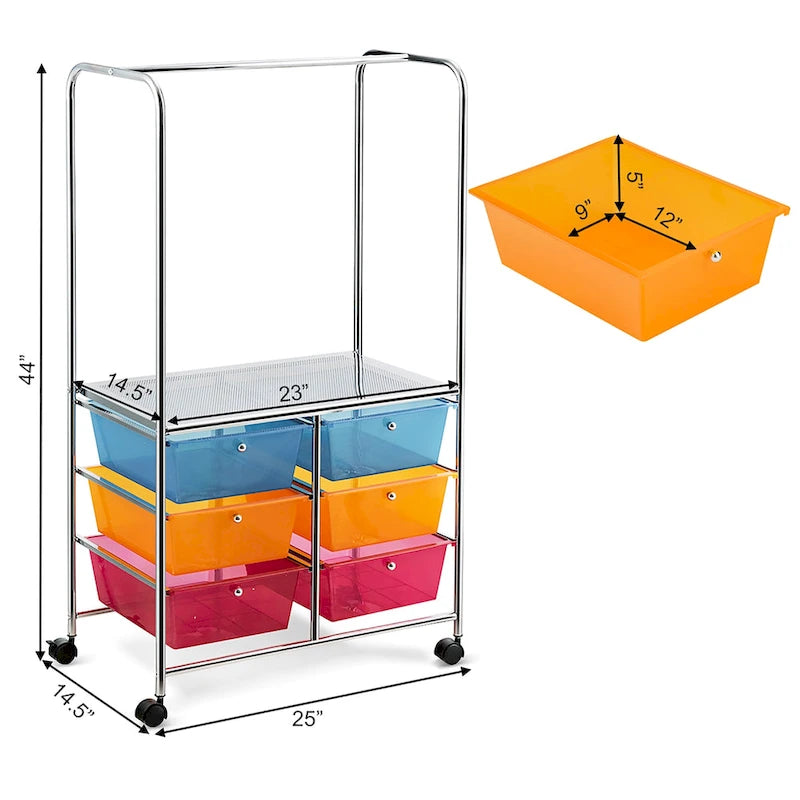 Chariot de rangement à roulettes 6 tiroirs avec barre de suspension Bureau École - 25 x 14,5 x 44