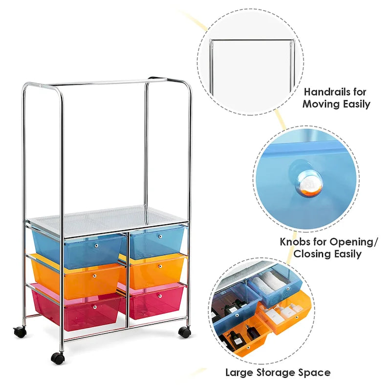 Chariot de rangement à roulettes 6 tiroirs avec barre de suspension Bureau École - 25 x 14,5 x 44