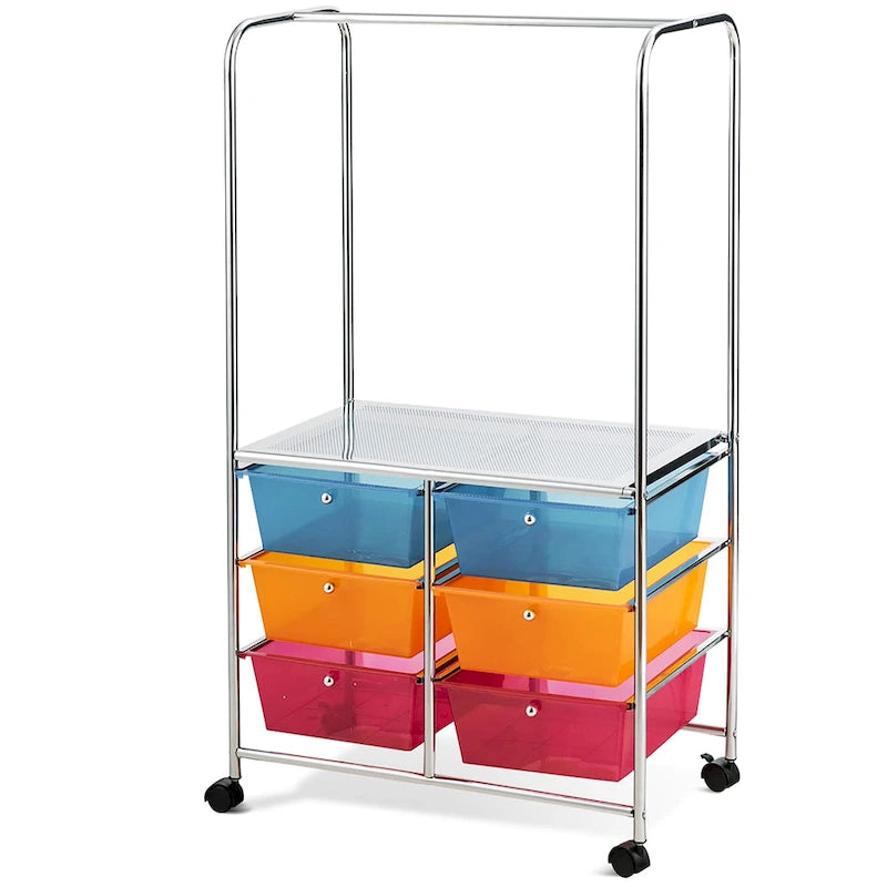 Chariot de rangement à roulettes 6 tiroirs avec barre de suspension Bureau École - 25 x 14,5 x 44