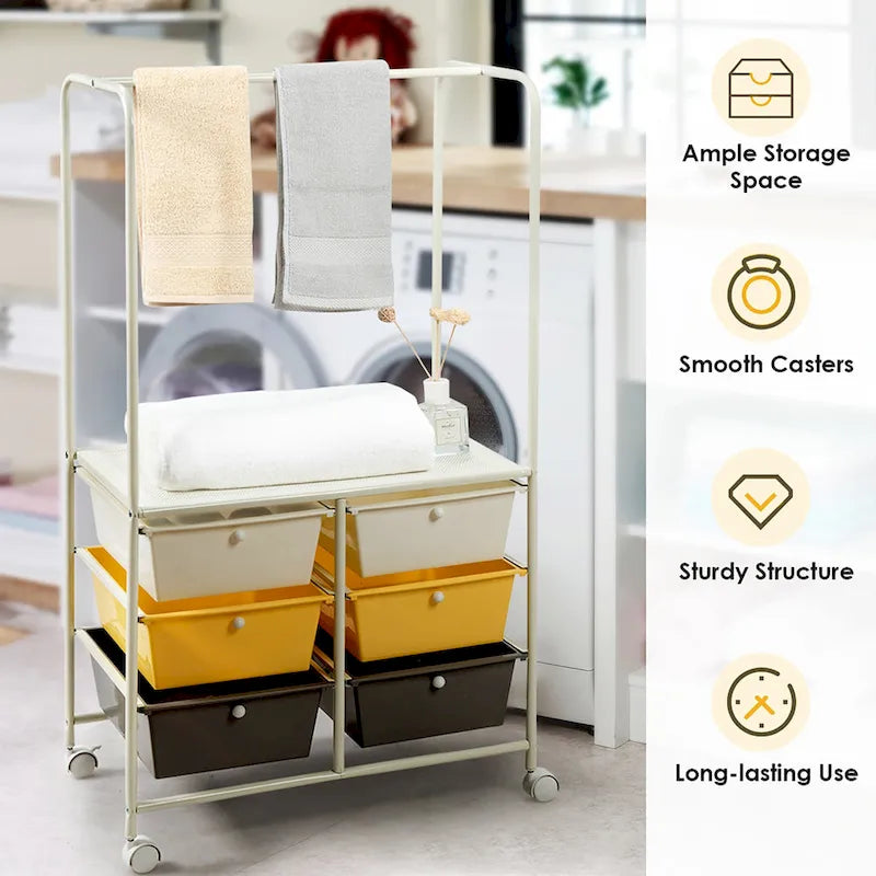 Chariot de rangement à roulettes 6 tiroirs avec barre de suspension Bureau École - 25 x 14,5 x 44