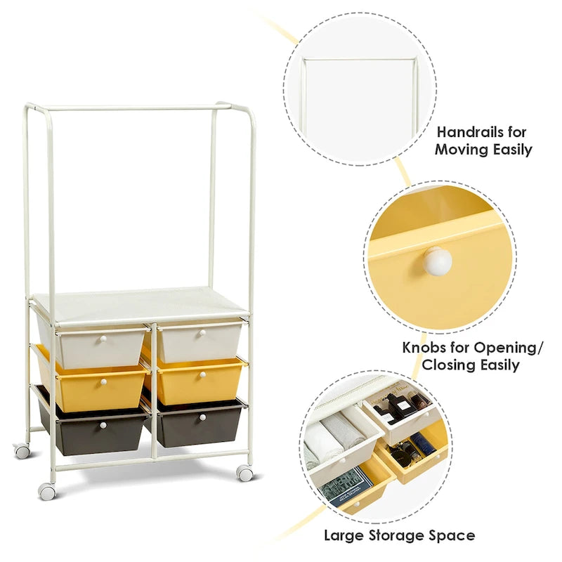Chariot de rangement à roulettes 6 tiroirs avec barre de suspension Bureau École - 25 x 14,5 x 44