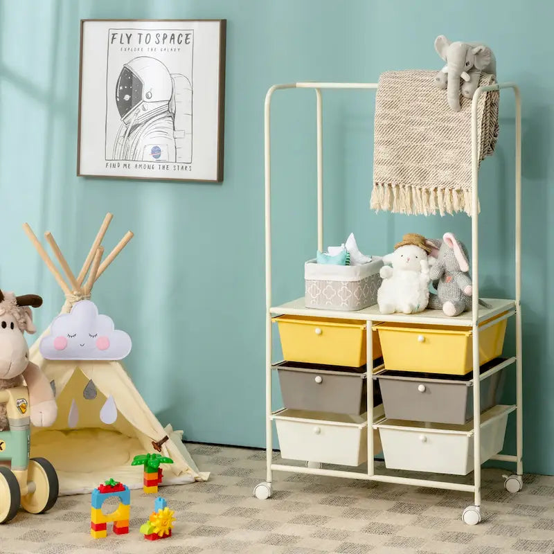 Chariot de rangement à roulettes 6 tiroirs avec barre de suspension Bureau École - 25 x 14,5 x 44