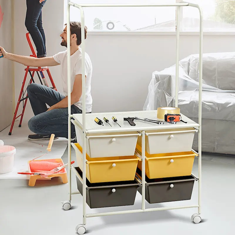 Chariot de rangement à roulettes 6 tiroirs avec barre de suspension Bureau École - 25 x 14,5 x 44
