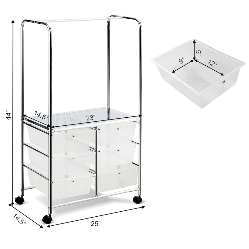 Chariot de rangement à roulettes 6 tiroirs avec barre de suspension Bureau École - 25 x 14,5 x 44