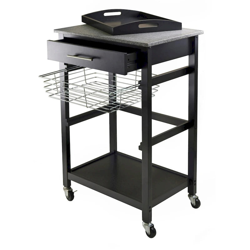 Chariot de cuisine utilitaire, plateau en granit, noir - 57,6 x 40,8 x 86,2 cm