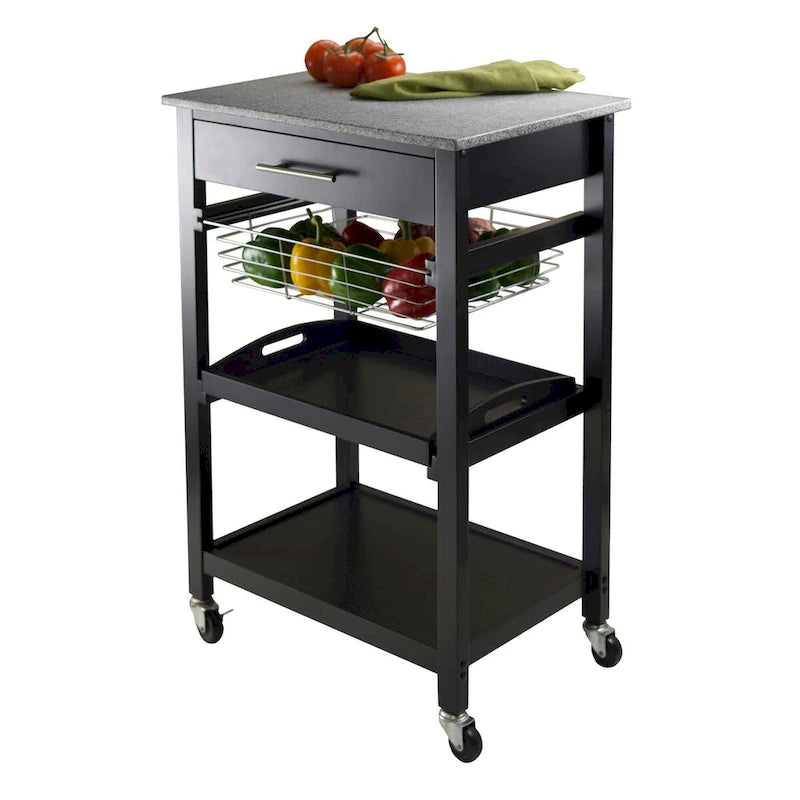 Chariot de cuisine utilitaire, plateau en granit, noir - 57,6 x 40,8 x 86,2 cm