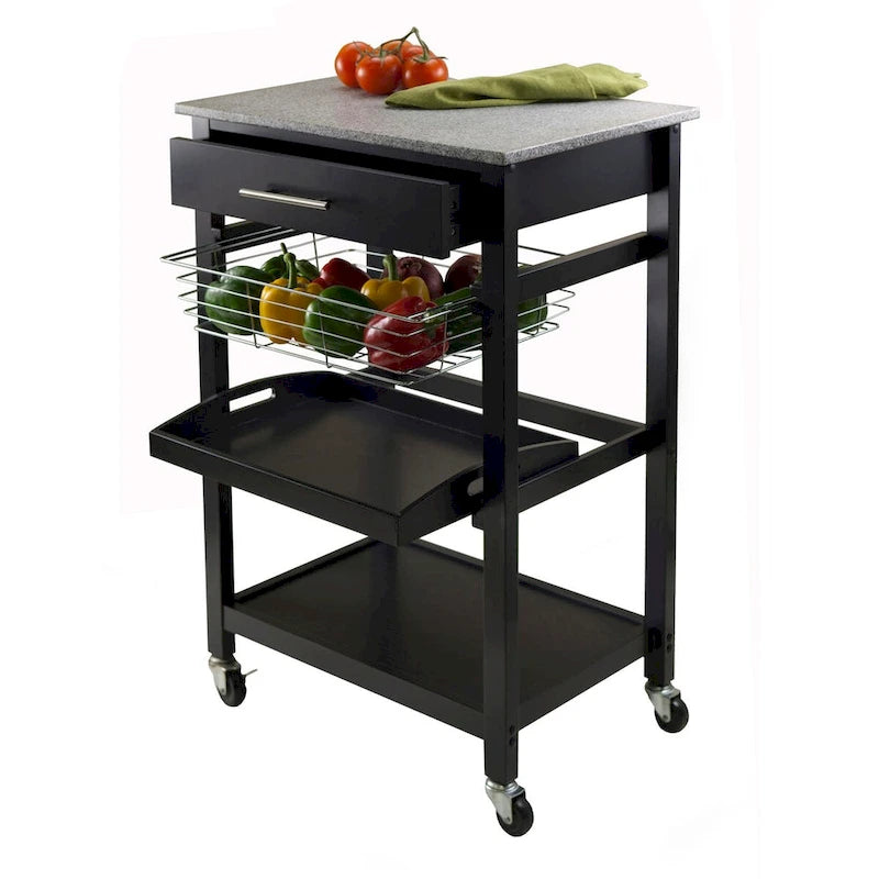 Chariot de cuisine utilitaire, plateau en granit, noir - 57,6 x 40,8 x 86,2 cm