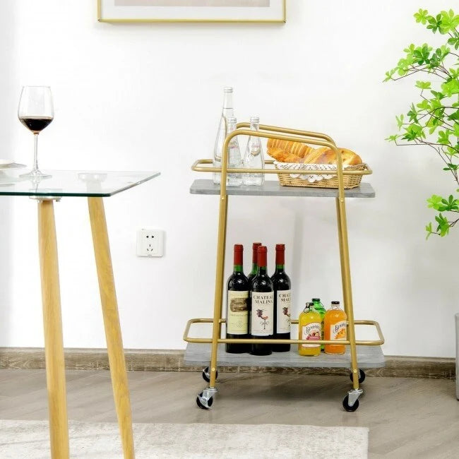 Chariot de cuisine roulant à 2 niveaux avec cadre en acier et roulettes verrouillables, gris - 16 x 24 x 32,5 (L x l x H)