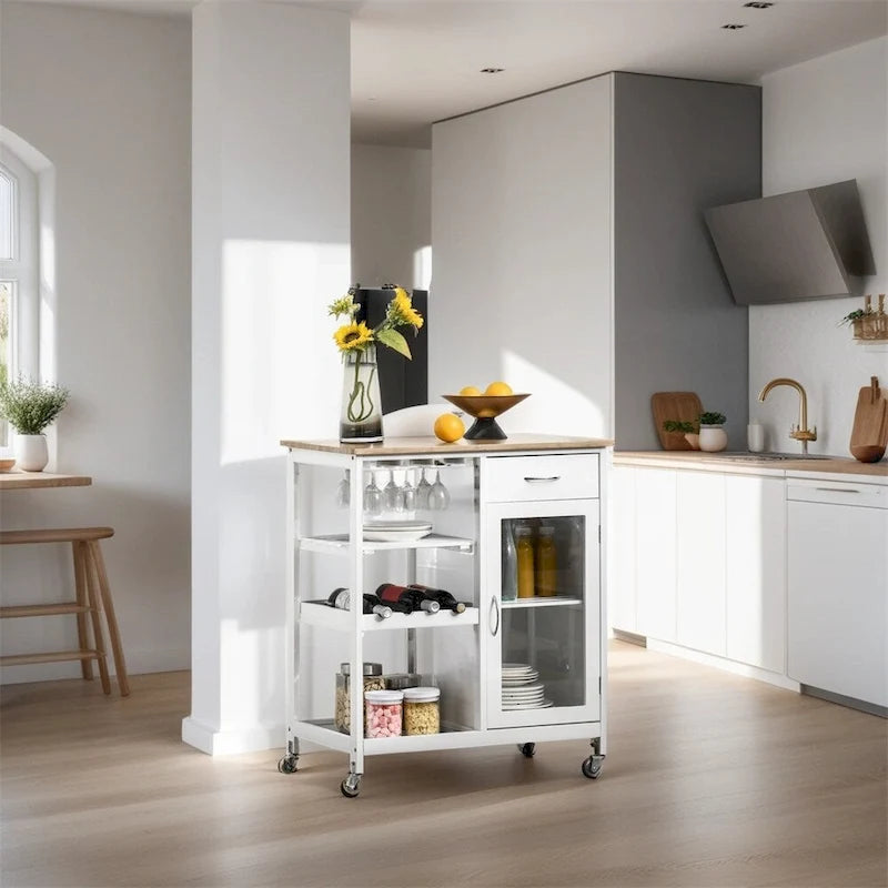 Îlot de cuisine en bois roulant avec rangement et porte-verres