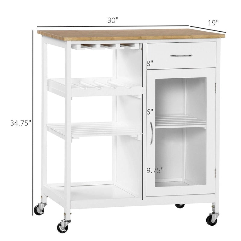 Îlot de cuisine en bois roulant avec rangement et porte-verres