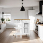 Îlot de cuisine en bois roulant avec rangement et porte-verres
