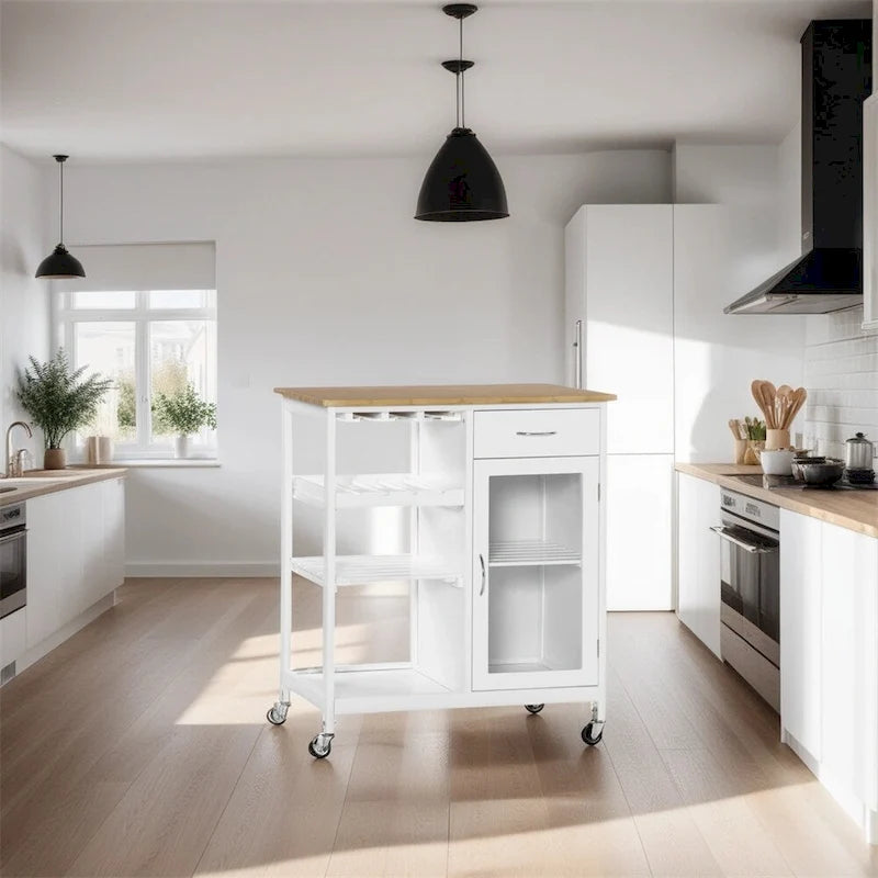 Îlot de cuisine en bois roulant avec rangement et porte-verres