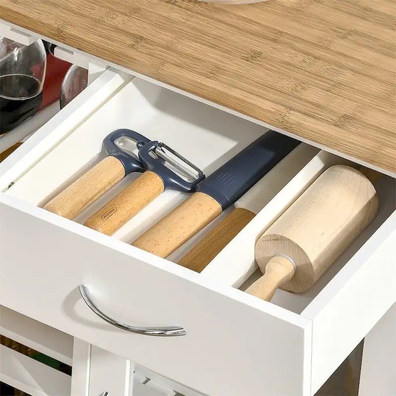 Îlot de cuisine en bois roulant avec rangement et porte-verres