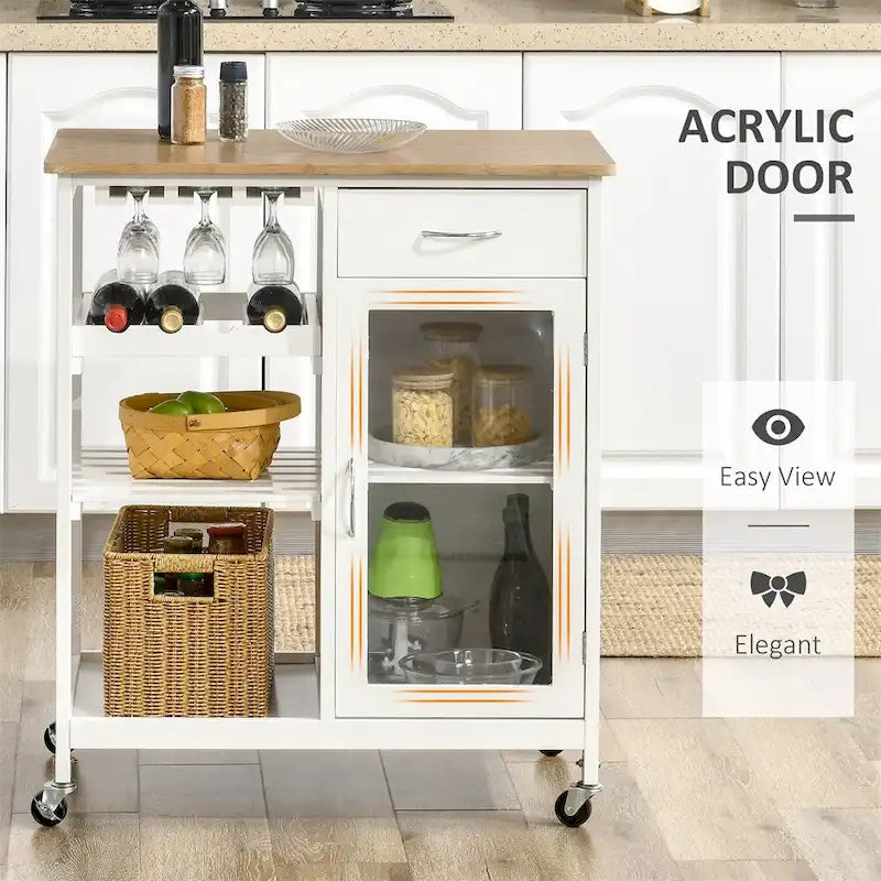 Îlot de cuisine en bois roulant avec rangement et porte-verres