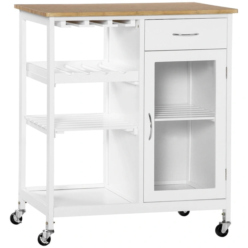 Îlot de cuisine en bois roulant avec rangement et porte-verres