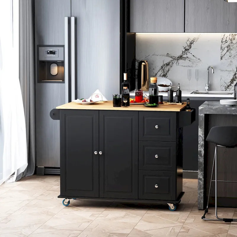 Îlot de cuisine mobile avec abattant, porte-serviettes et 3 tiroirs