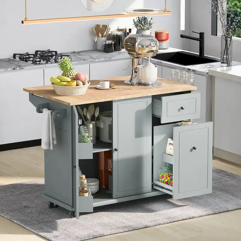 Îlot de cuisine roulant avec abattant et armoire coulissante à 3 niveaux